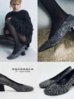 Zara Black and Silver Sparkle Block Heel Pumps - Women